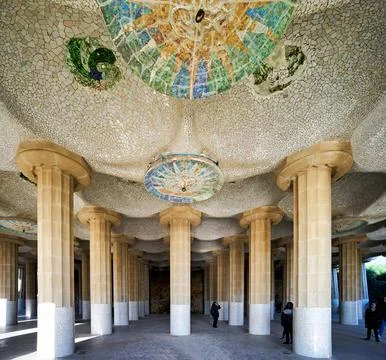 Columns and domes in Hypostyle Room at Park Guell Stock Photos