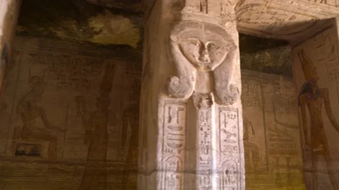 Columns and hieroglyphic drawings inside the temple of Nefertari Stock Footage