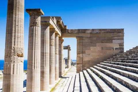 Columns and steps of the Acropolis in Lindos Stock Photos
