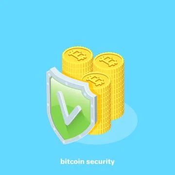 The columns of bitcoins and the shield with a tick, isometric image Stock Illustration