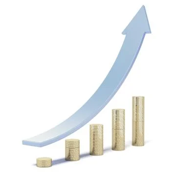 Columns of coins with blue arrow Stock Illustration