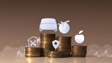 Columns of coins grow against the background of graphs, and symbols of a person Stock Footage 272306443