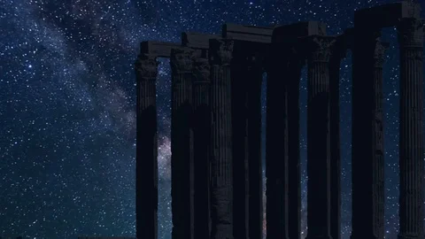 Columns detail Acropolis time lapse at night with stars Video stock 112186193