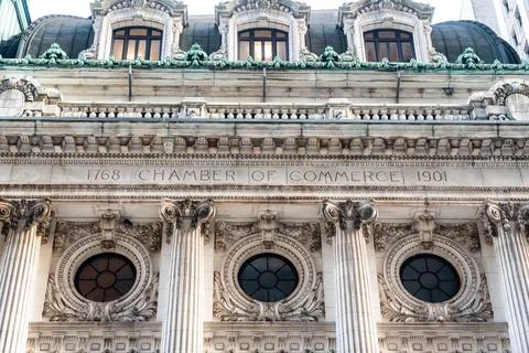 Columns of the facade of the chamber of commerce building in the financial Stock Photos