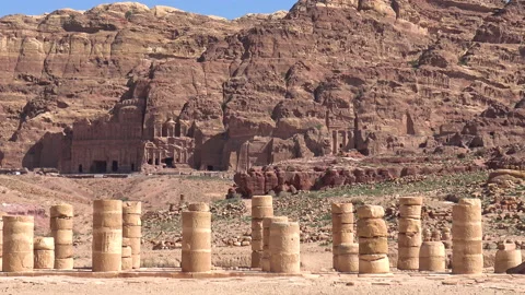 Columns of Great Temple of Petra and facades of tombs. Stock Footage 145137227