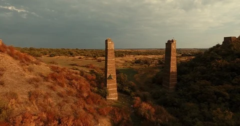 Columns from an old military bridge Stock Footage 97288768