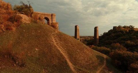 Columns from an old military bridge Stock Footage 97288846