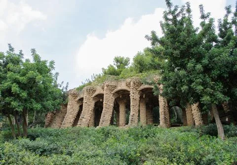 Columns in Park Guell designed by Antoni Gaudi in Barcelona Spain Foto stock