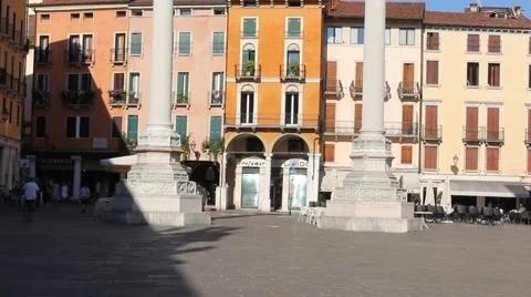 The columns with redeemer and Saint Mark Lion in Lords Square in Vicenza center Stock Footage 68040004