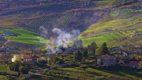 Columns of smoke from small fires lit by farmers to burns the remains of pruning Video stock 195624933