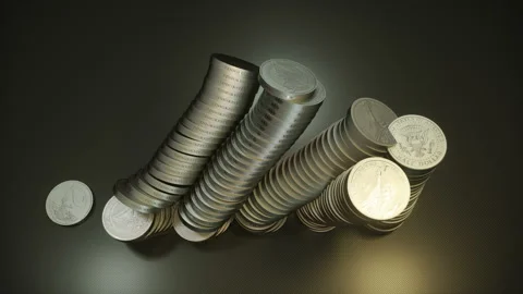 Columns of stacking coins falling Stock Footage 157798914