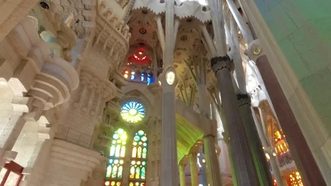 Columns, stained glass windows in Sagrada Familia in Barcelona, Spain Stock Footage 248432002