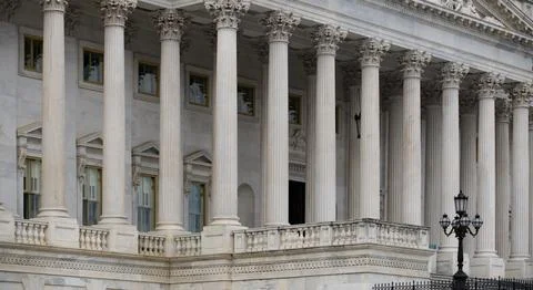 Columns Tall vertical marble perspective. Columns pattern symmetry architec.. Stock Photos