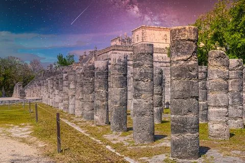 Columns of the Thousand Warriors in Chichen Itza, Mexico with Milky Way Galax Stock Photos