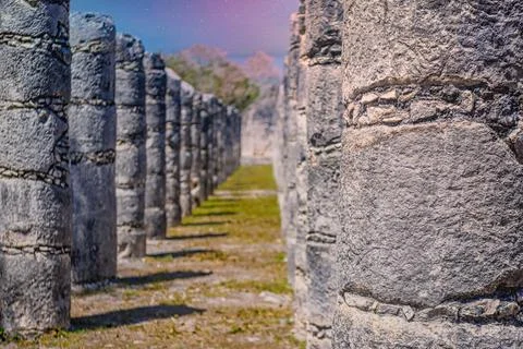 Columns of the Thousand Warriors in Chichen Itza, Mexico with Milky Way Galax Stock Photos