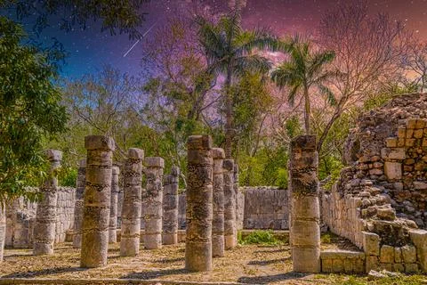 Columns of the Thousand Warriors in Chichen Itza, Mexico with Milky Way Galax Stock Photos
