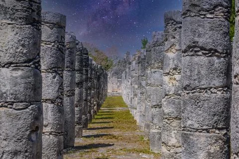 Columns of the Thousand Warriors in Chichen Itza, Mexico with Milky Way Galax Stock Photos