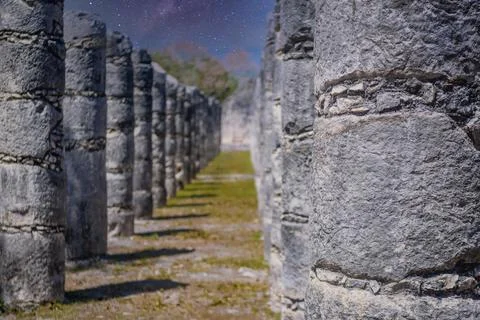 Columns of the Thousand Warriors in Chichen Itza, Mexico with Milky Way Galax Stock Photos