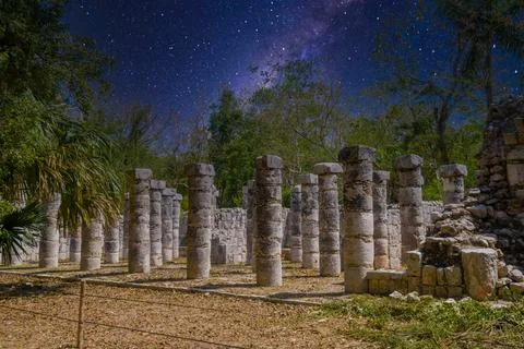 Columns of the Thousand Warriors in Chichen Itza, Mexico with Milky Way Galax Stock Photos