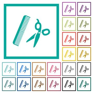 Comb and scissors flat color icons with quadrant frames Stock Illustration