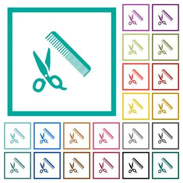Comb and scissors flat color icons with quadrant frames Stock Illustration