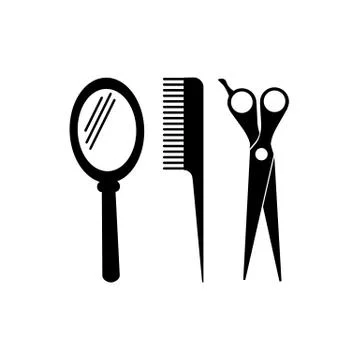 Comb, mirror, scissors icon vector logo design black symbol isolated on white Stock Illustration