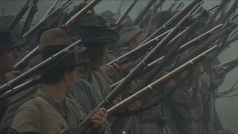 "Combat Camera" looks down a Confederate Firing line - Civil War Reenactment Stock Footage 184782844