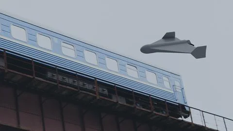 A combat drone flies toward a train in Ukraine, 3D model Stock Photos
