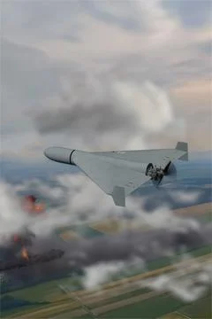 Combat drone in flight over fields with smoke and explosion on the ground. A Stock Photos
