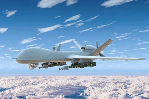 Combat drone fly in the blue sky above the clouds. 3D rendering Stock Illustration