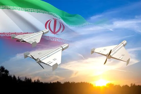 Combat drones against the sunset with Iran flag Stock Illustration