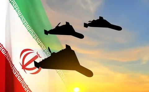 Combat drones against the sunset with Iran flag Stock Illustration