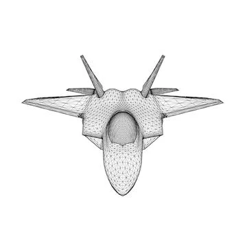 Combat fighter jet wireframe from black lines isolated on white background. Stock Illustration