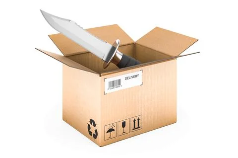 Combat knife inside parcel. Delivery concept. 3D rendering 스톡 일러스트