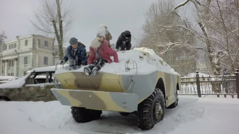 Combat reconnaissance and sabotage machine. It's snowing, it's cold. Stock-Footage 87544943