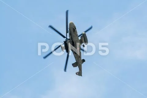 Combat Russian helicopter at an air show in Moscow. Stock Photos