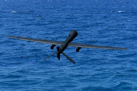 Combat surface drone attack, drone flying over the sea , war in Ukraine, air str Stock Photos