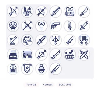 Combat Vector Icon Library with 28 Bold Line 64x64 Grid Fitted Designs Stock Illustration