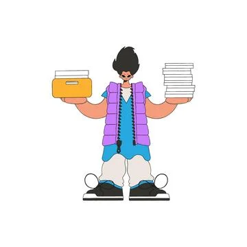 A combed-out guy holds stacks of documents in his hands. Stock Illustration