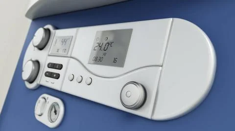 Combi boiler control panel macro detail. 3D illustration Combi boiler cont... Stock Photos