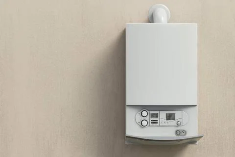 Combi boiler on the wall. Copy space on the left. 3D illustration Combi bo... Stock Photos