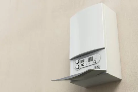 Combi boiler on the wall. Copy space on the left. 3D illustration Combi bo... Stock Photos