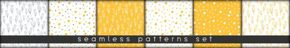 Combinable seamless patterns set hand drawn tulips and abstract dots blobs do Stock Illustration