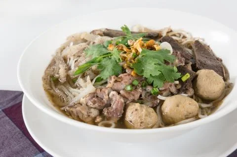 Combination beef noodle with beef ball, beef tripe, beef liver Stock Photos
