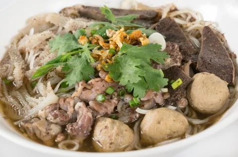 Combination beef noodle with beef ball, beef tripe, beef liver Stock Photos