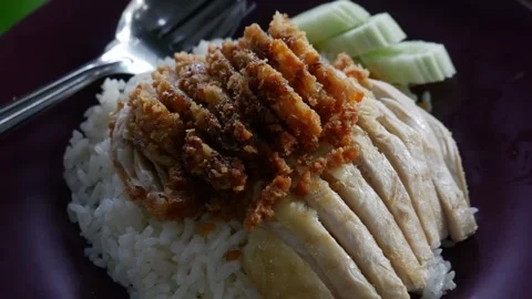 Combination of Boiled and Fried Chicken over Jasmine Rice Stock Footage 320160627