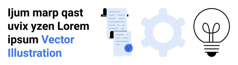 Combination of documents with checkmarks, a gear icon, and a light bulb. Idea Stock Illustration