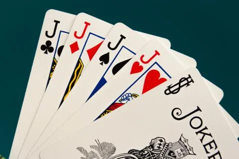 Combination of five different play cards with jocker Stock Photos