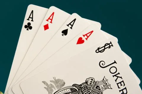 Combination of five different play cards with jocker Stock-Fotos