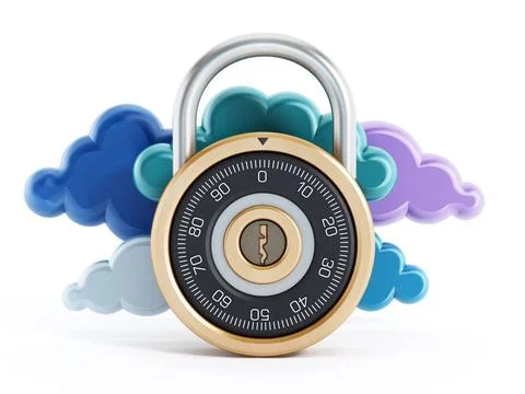 Combination lock and clouds Safe combination lock and clouds isolated on w... Foto stock